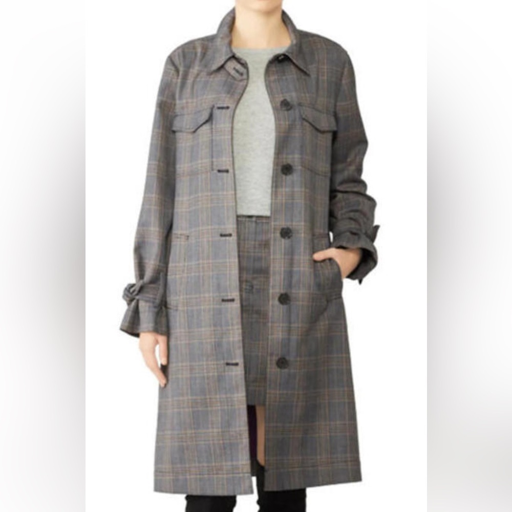 Derek Lam 10 Crosby Grey Plaid Long Blazer Jacket Coat Buttons Tie Sleeves 🧥🩶